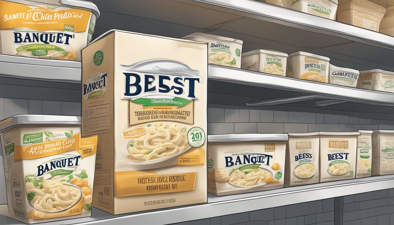 A sealed package of Banquet Chicken Alfredo sits on a pantry shelf, with a "best by" date clearly visible