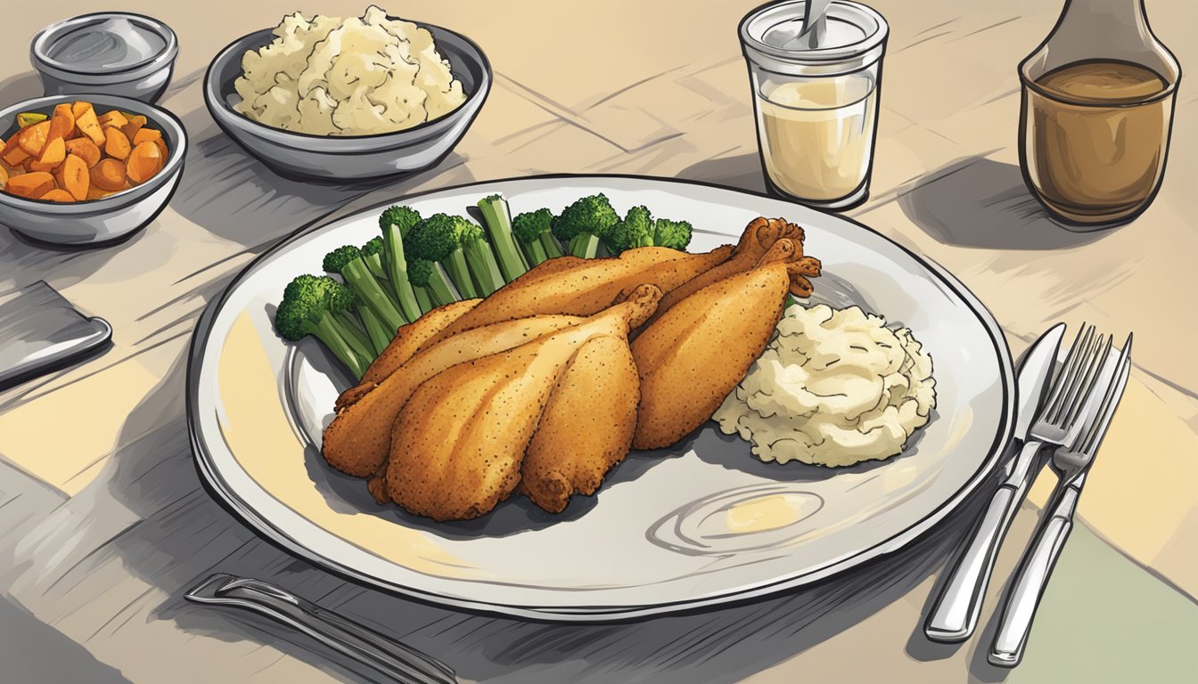 A banquet chicken strips meal sits on a plate, surrounded by a side of vegetables and a portion of mashed potatoes