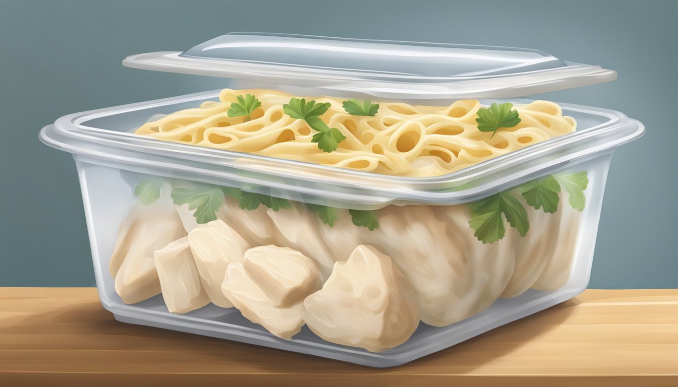 A sealed container of chicken alfredo stored in a refrigerator