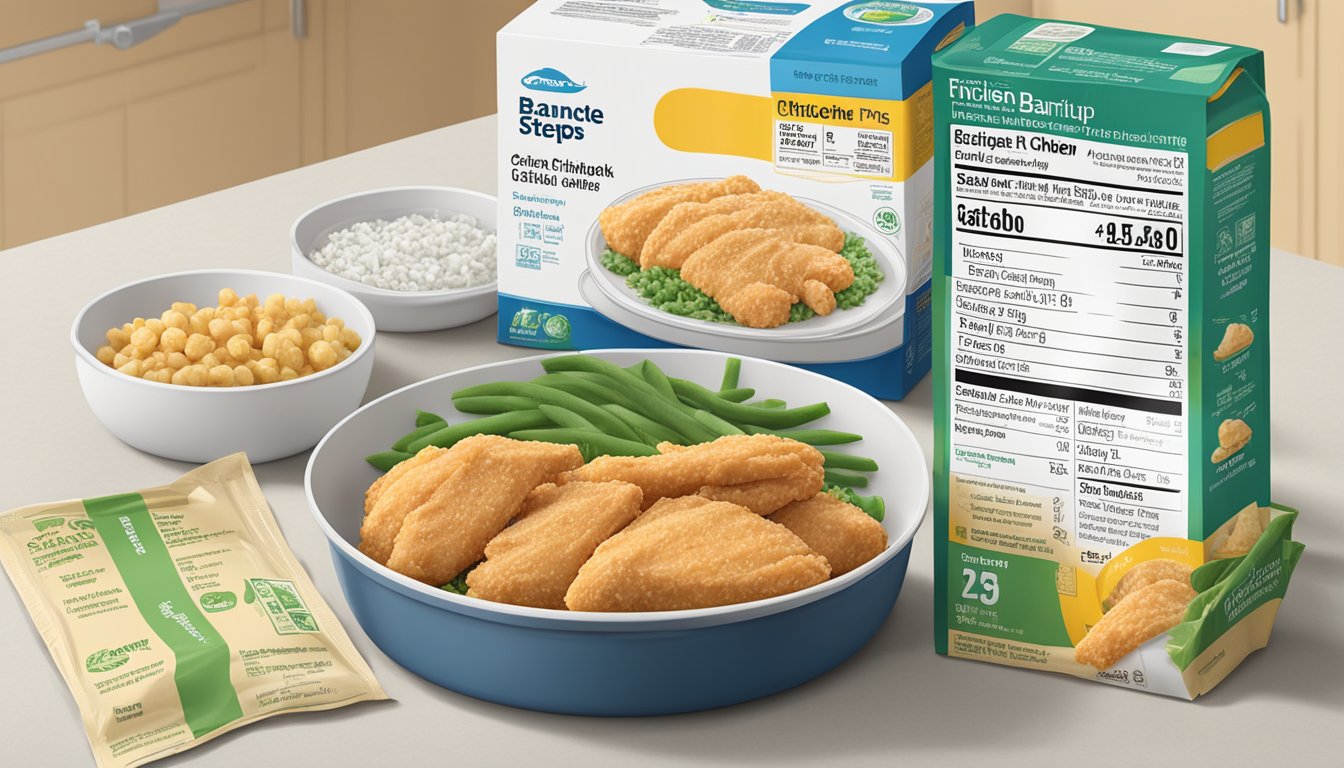 A frozen banquet chicken strips meal sits on a kitchen counter, surrounded by its packaging and nutritional information