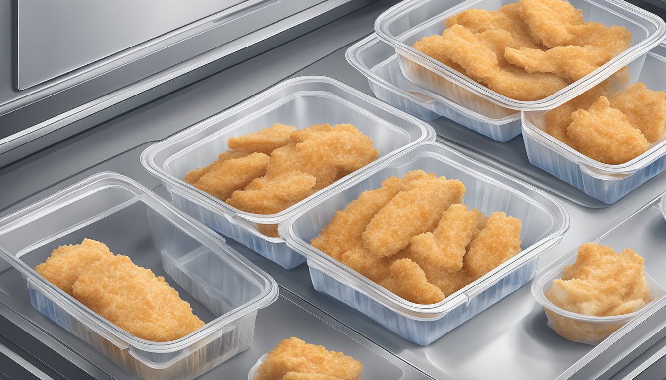 A sealed package of banquet chicken strips meal stored in a refrigerator with a visible expiration date