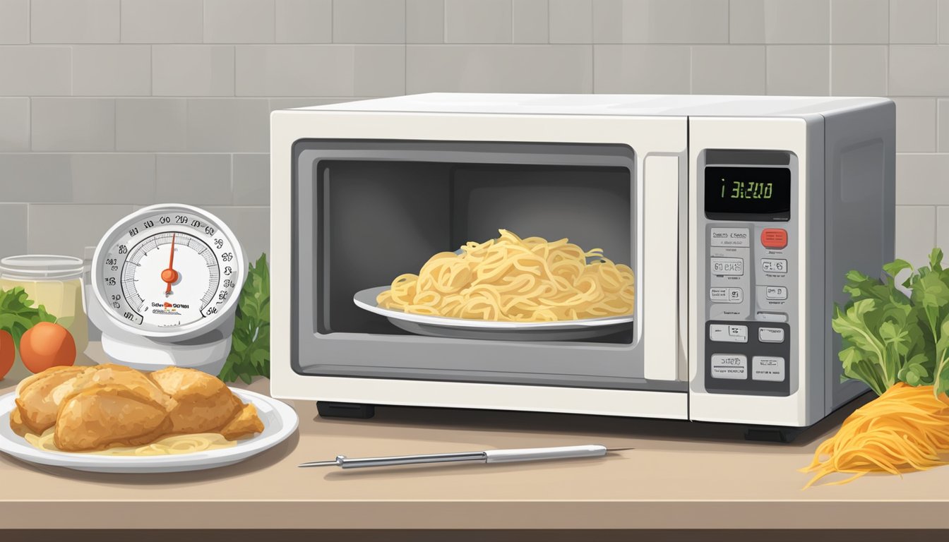 A microwave with a plate of chicken alfredo inside, a timer set for reheating, and a food thermometer nearby