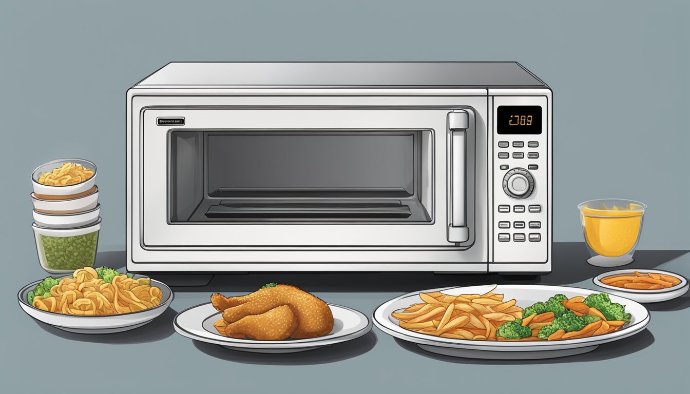 A microwave with a banquet chicken strips meal inside, timer set for 5 minutes