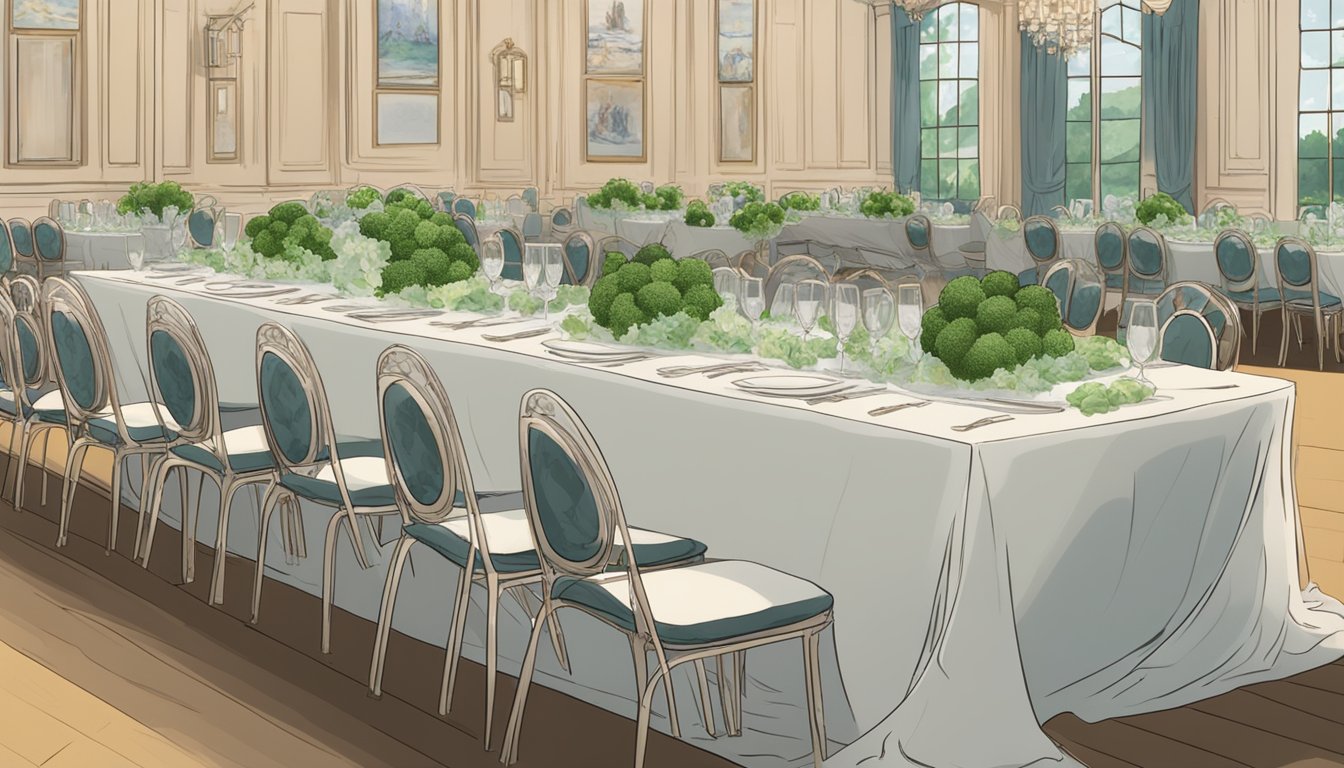 A plate of chicken broccoli pasta sits on a banquet table, covered in a clear, plastic wrap. The table is surrounded by chairs and decorated with floral centerpieces