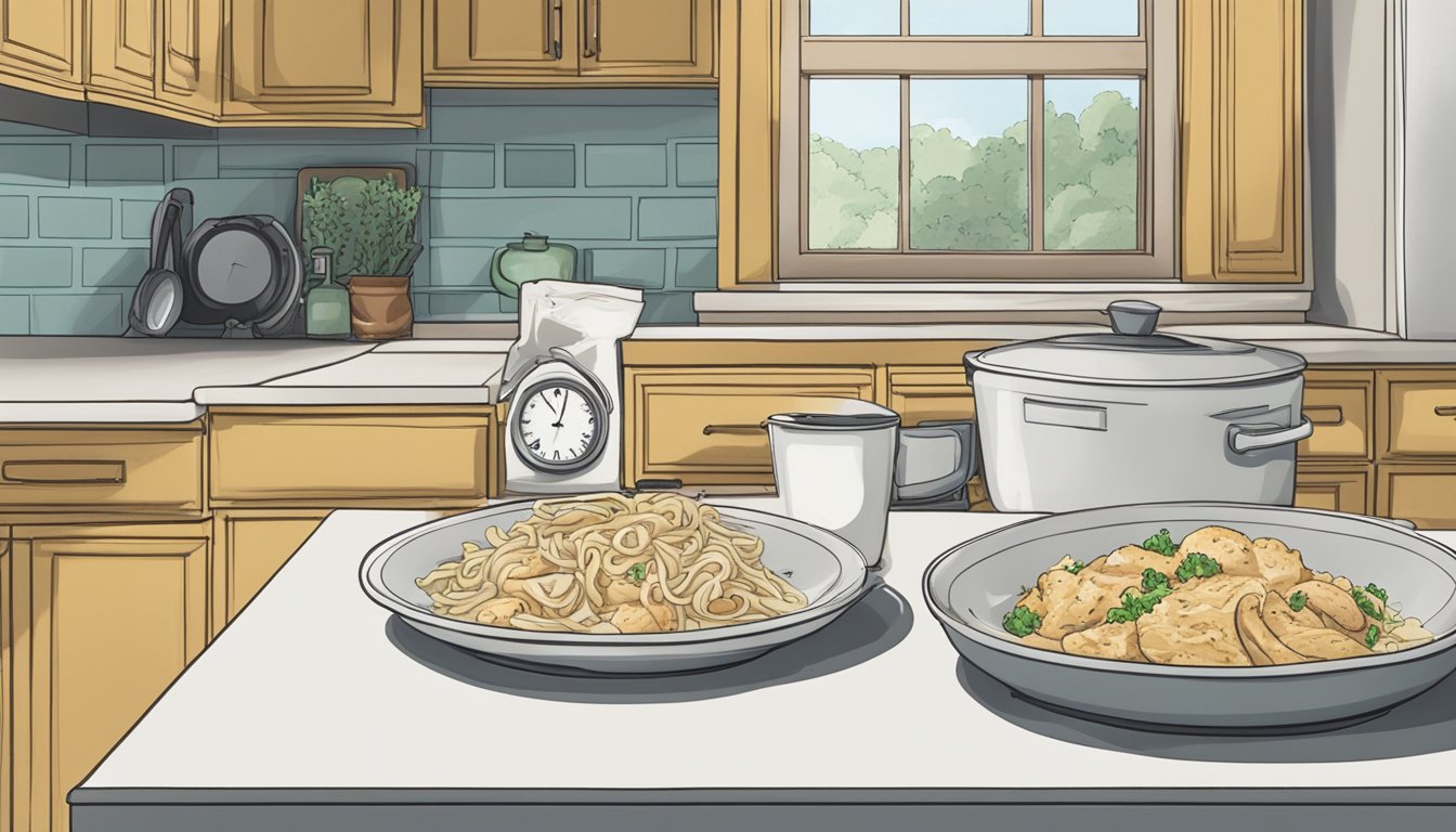 A plate of chicken alfredo sits on a kitchen counter next to a container of leftovers. The clock on the wall indicates it's been there for a few hours