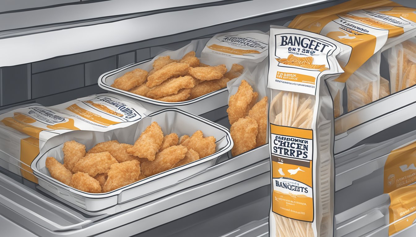 A sealed package of banquet chicken strips sits in a refrigerator next to a labeled expiration date