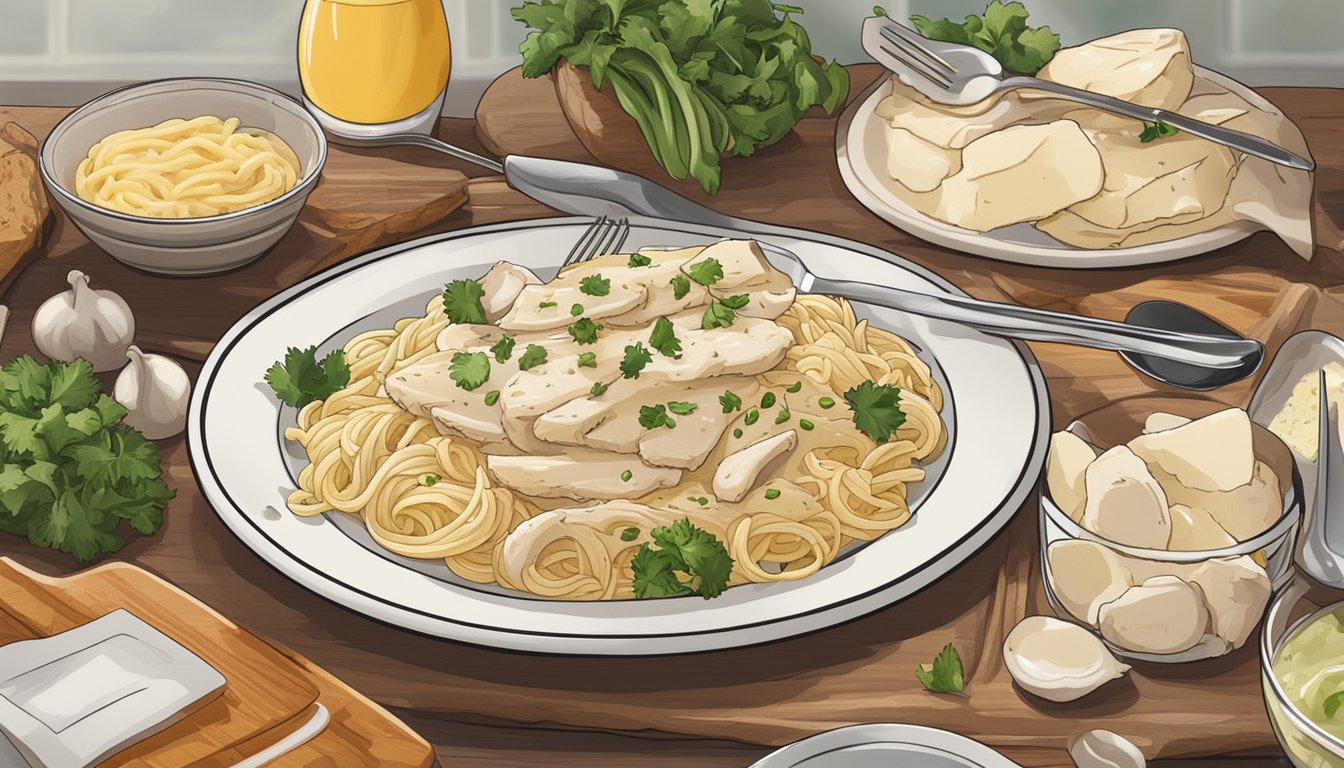 A plate of banquet chicken alfredo sits on a kitchen counter, surrounded by various ingredients and utensils