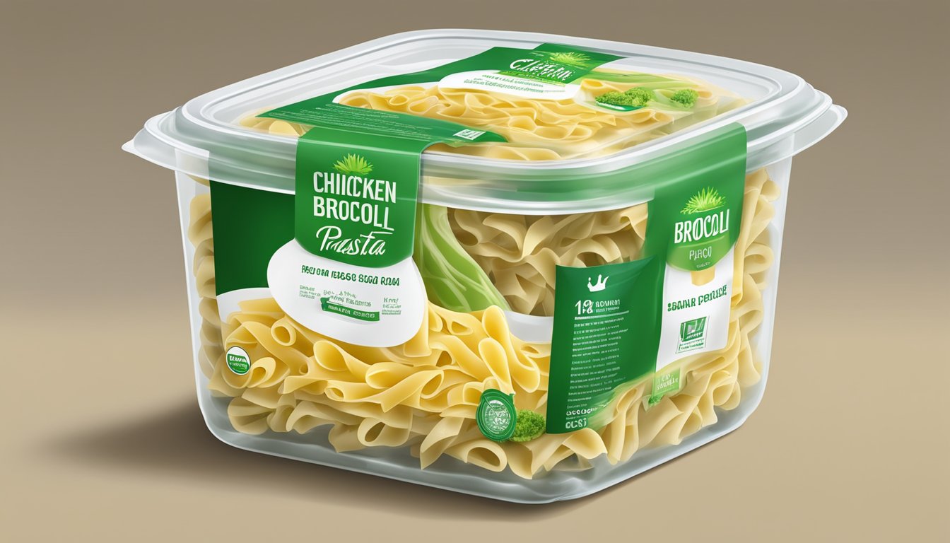 A sealed container of chicken broccoli pasta in a refrigerator, with a visible expiration date on the packaging