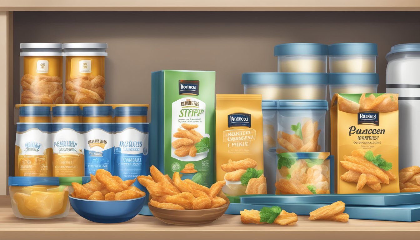 A kitchen pantry shelf with a package of Banquet chicken strips meal