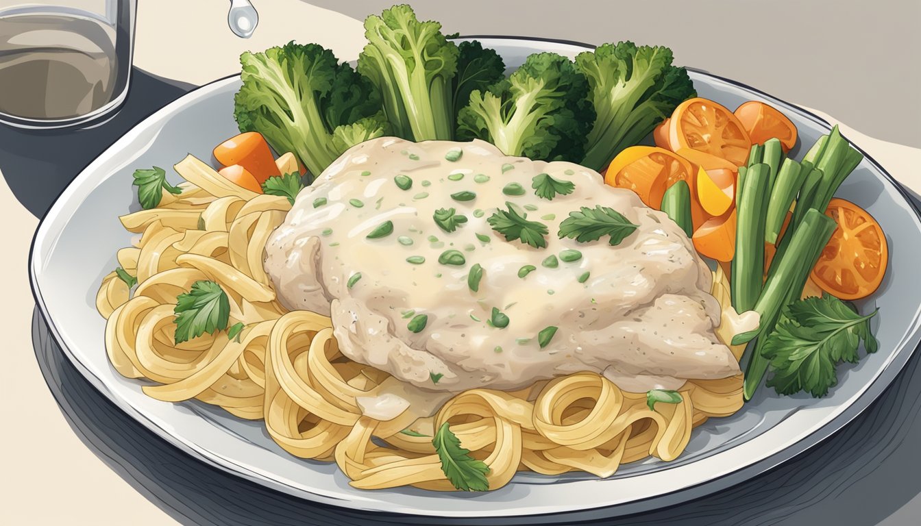 A plate of chicken alfredo with a steaming bowl of pasta and creamy sauce, accompanied by a side of vegetables and a glass of water