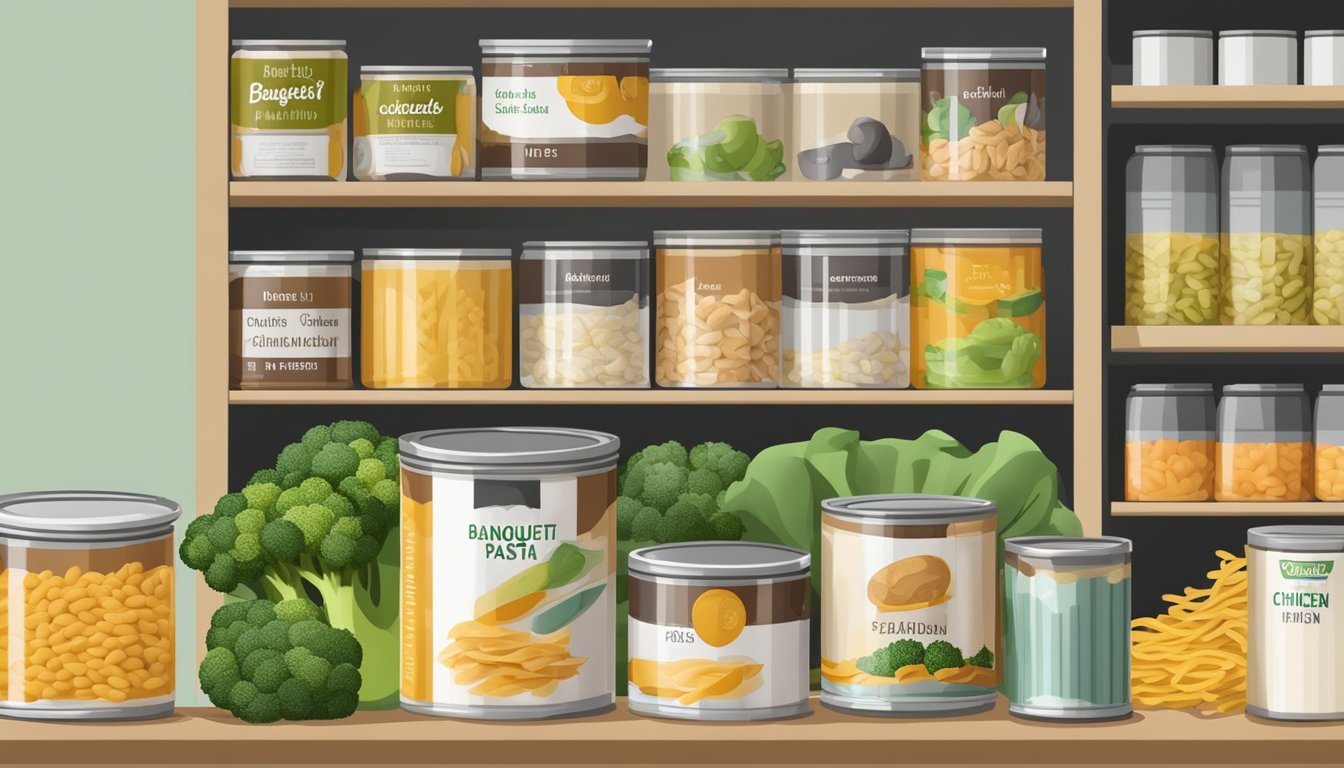 A pantry shelf with a can of Banquet chicken broccoli pasta, surrounded by other canned goods and dry food items, with a calendar showing the current date