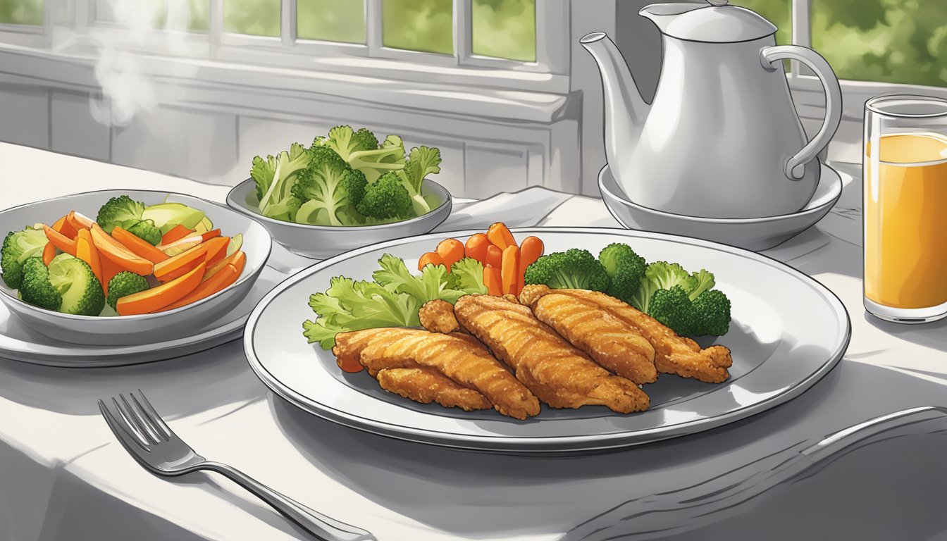 A plate of Banquet chicken strips meal sits on a clean, white dinner plate with a side of vegetables, steam rising from the hot food