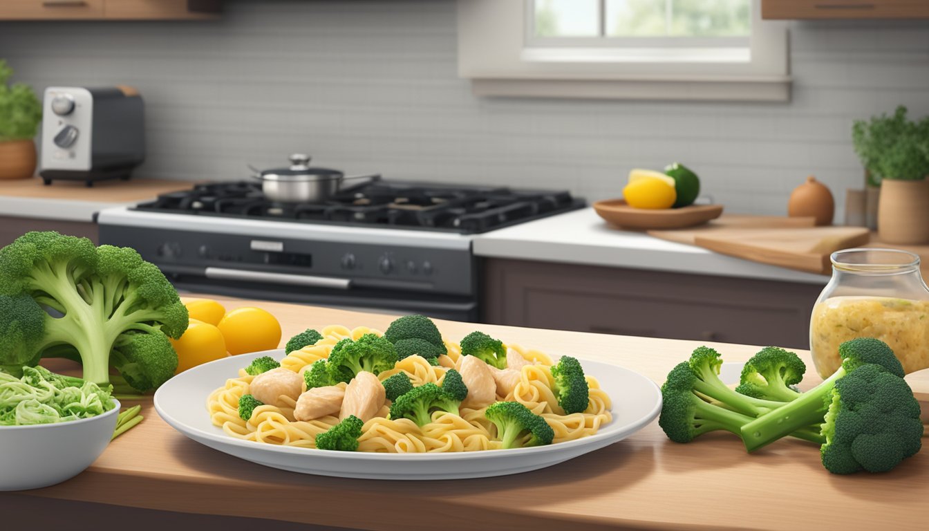 A steaming plate of chicken broccoli pasta sits on a clean kitchen counter, surrounded by fresh ingredients and a digital timer