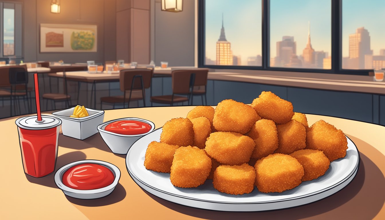 A plate of Banquet Chicken Nuggets sits on a table, surrounded by ketchup and fries