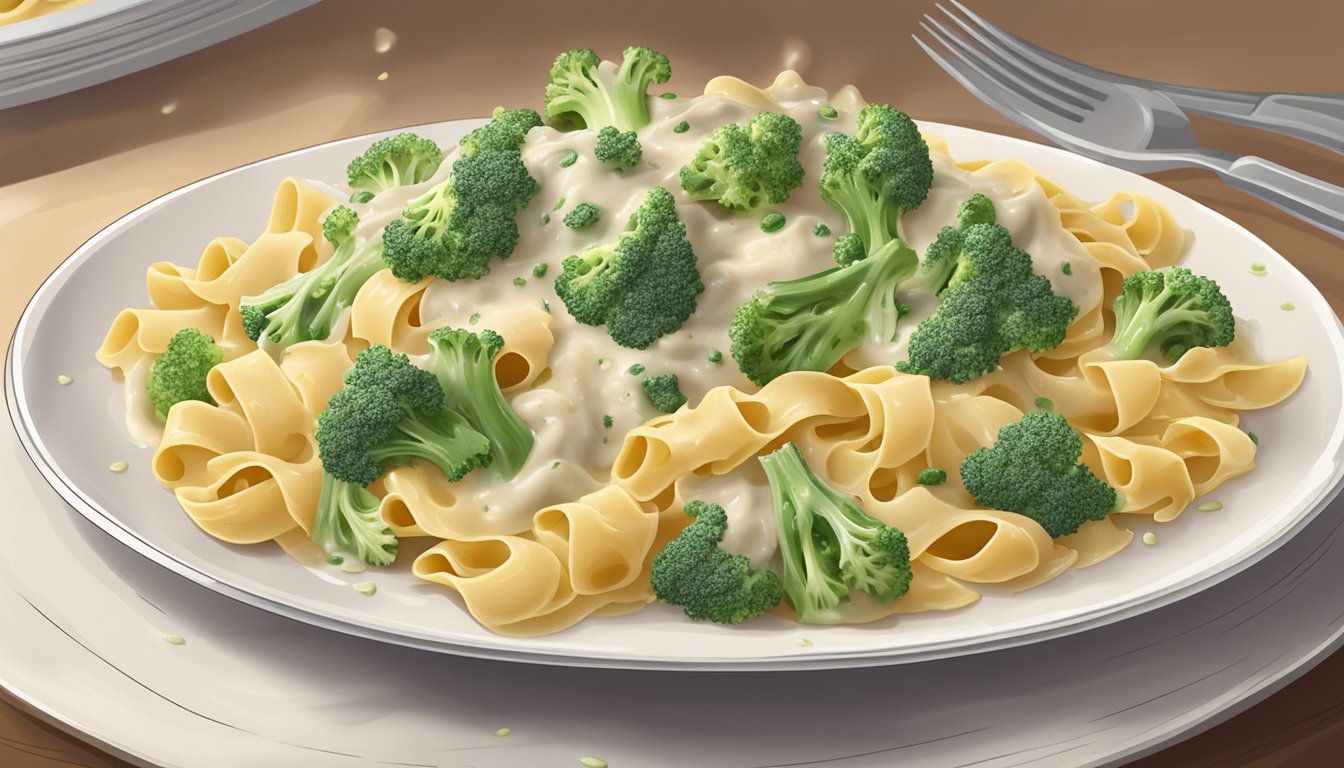 A plate of banquet chicken broccoli pasta sits on a table, covered in a delicious creamy sauce. The steam rises from the dish, indicating it is freshly prepared