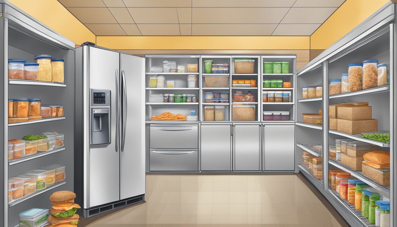 A pantry shelf with a box of banquet chicken nuggets, a refrigerator with a labeled expiration date, and a freezer with properly stored meal packages