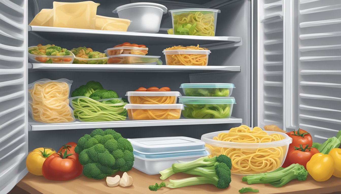 A sealed container of banquet chicken broccoli pasta sits in a refrigerator, surrounded by other food items