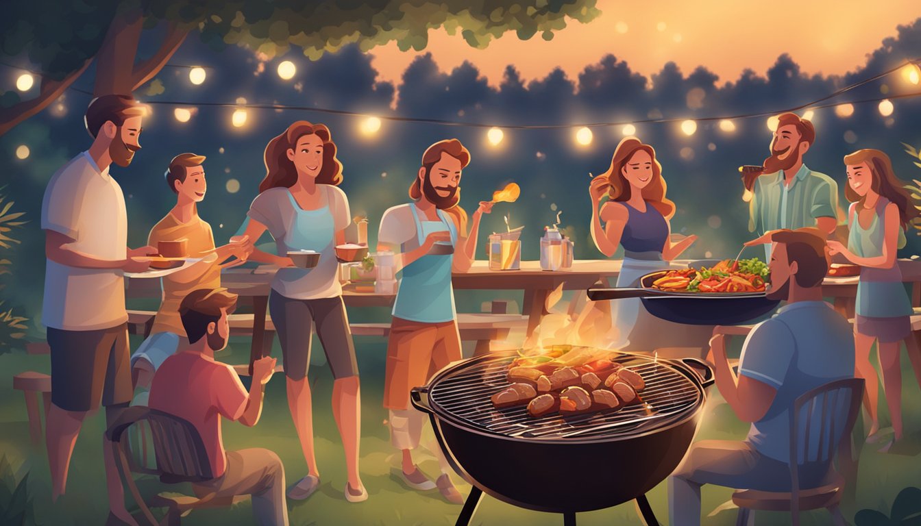 A backyard BBQ with Banquet Mega Bowls sizzling on the grill, surrounded by friends and family enjoying the warm summer evening