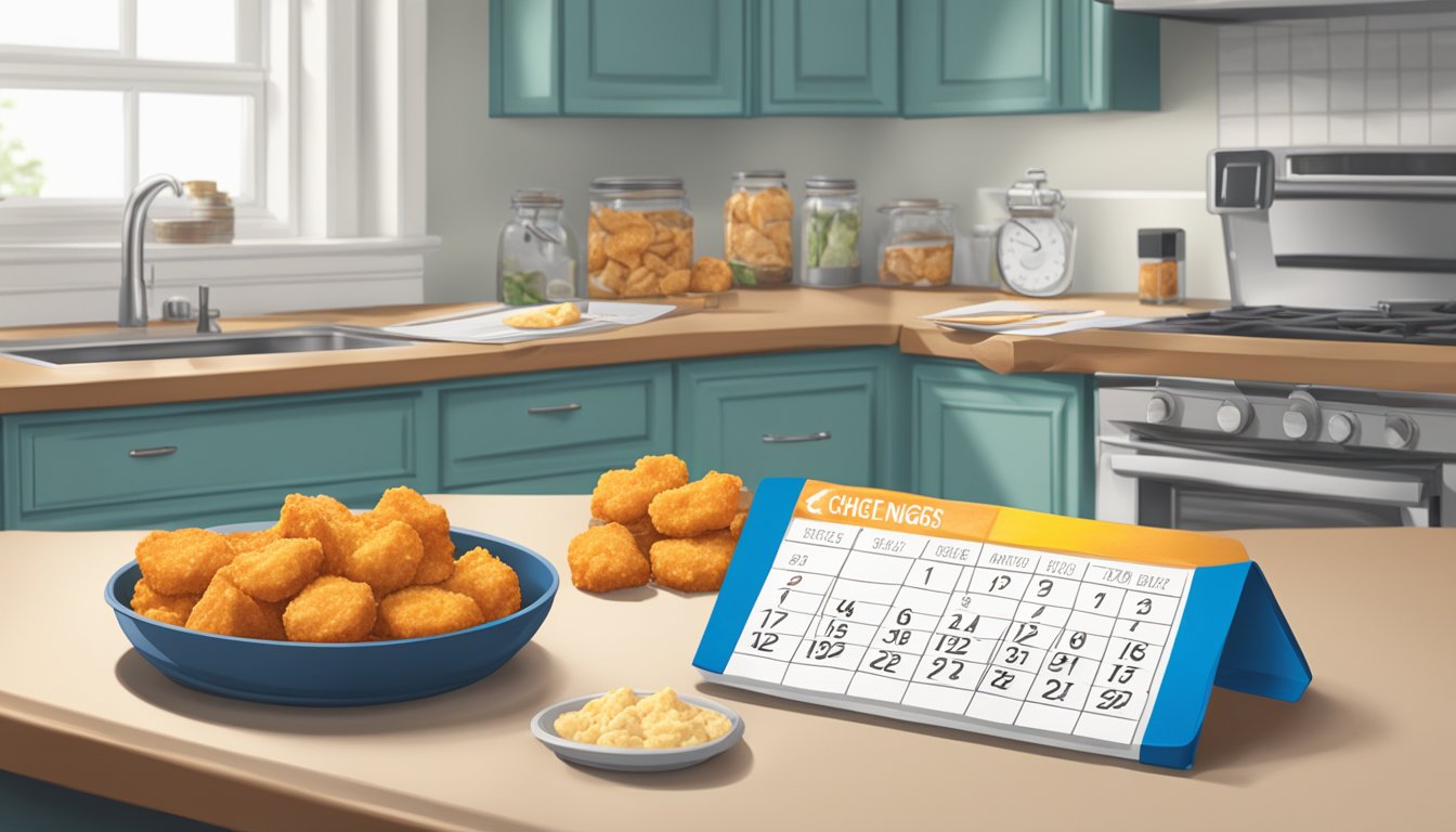 A kitchen counter with a package of banquet chicken nuggets, a timer, and a calendar indicating expiration date