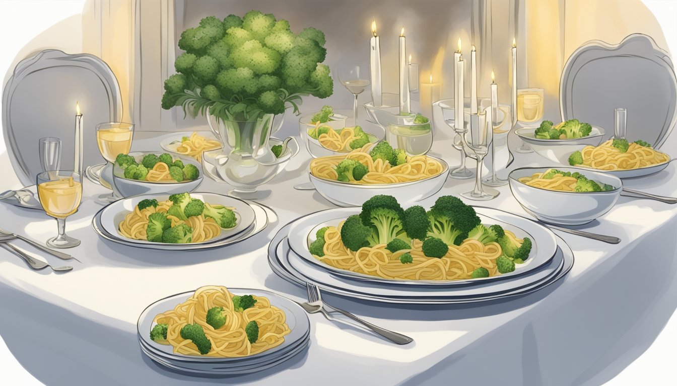 A steaming plate of banquet chicken broccoli pasta sits on a white tablecloth, surrounded by elegant place settings and flickering candlelight