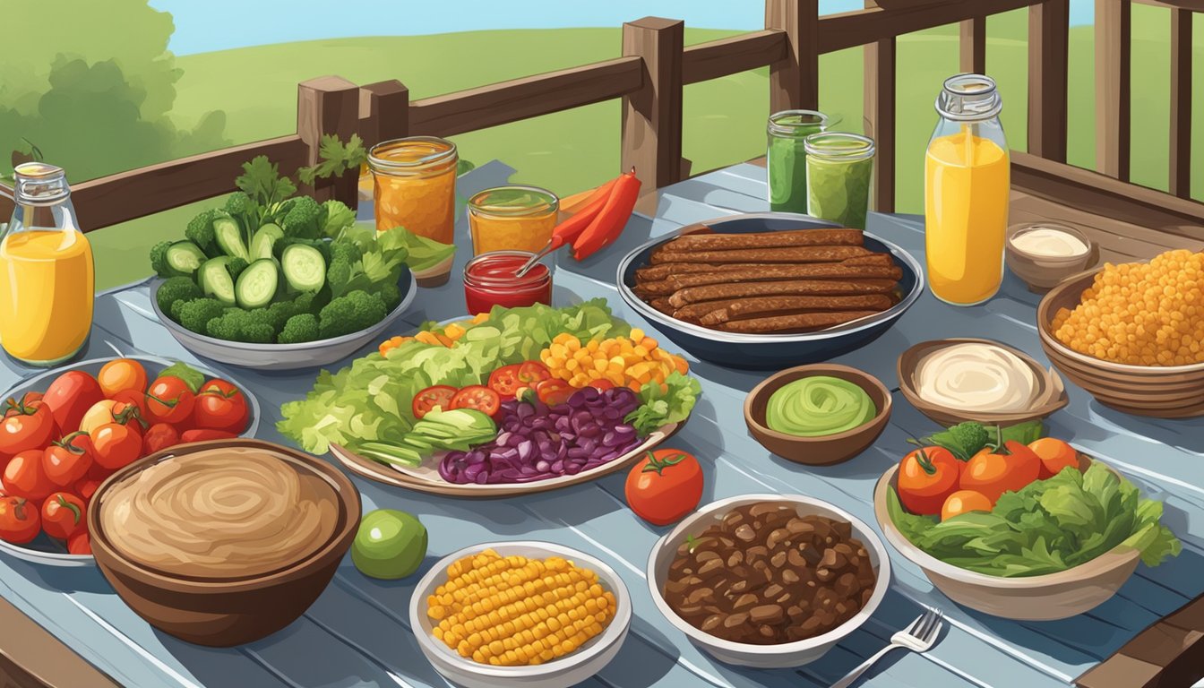 A colorful backyard BBQ spread with Banquet Mega Bowls, fresh vegetables, and condiments on a picnic table