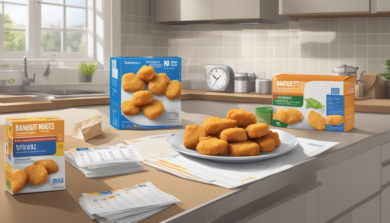 A package of banquet chicken nuggets meal sits on a kitchen counter, surrounded by various expiration date labels and a calendar