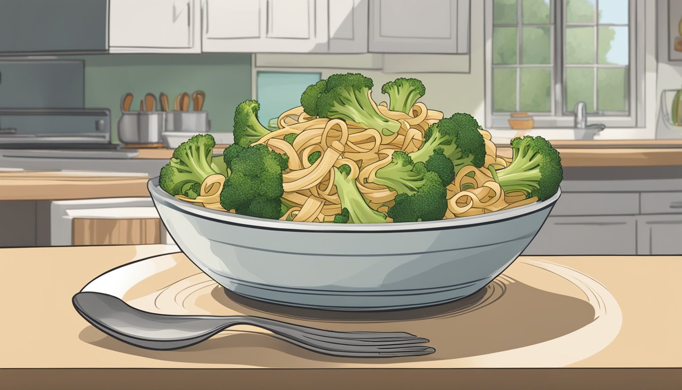 A plate of chicken broccoli pasta sits on a table, covered in a clear, airtight container. A calendar on the wall shows the current date