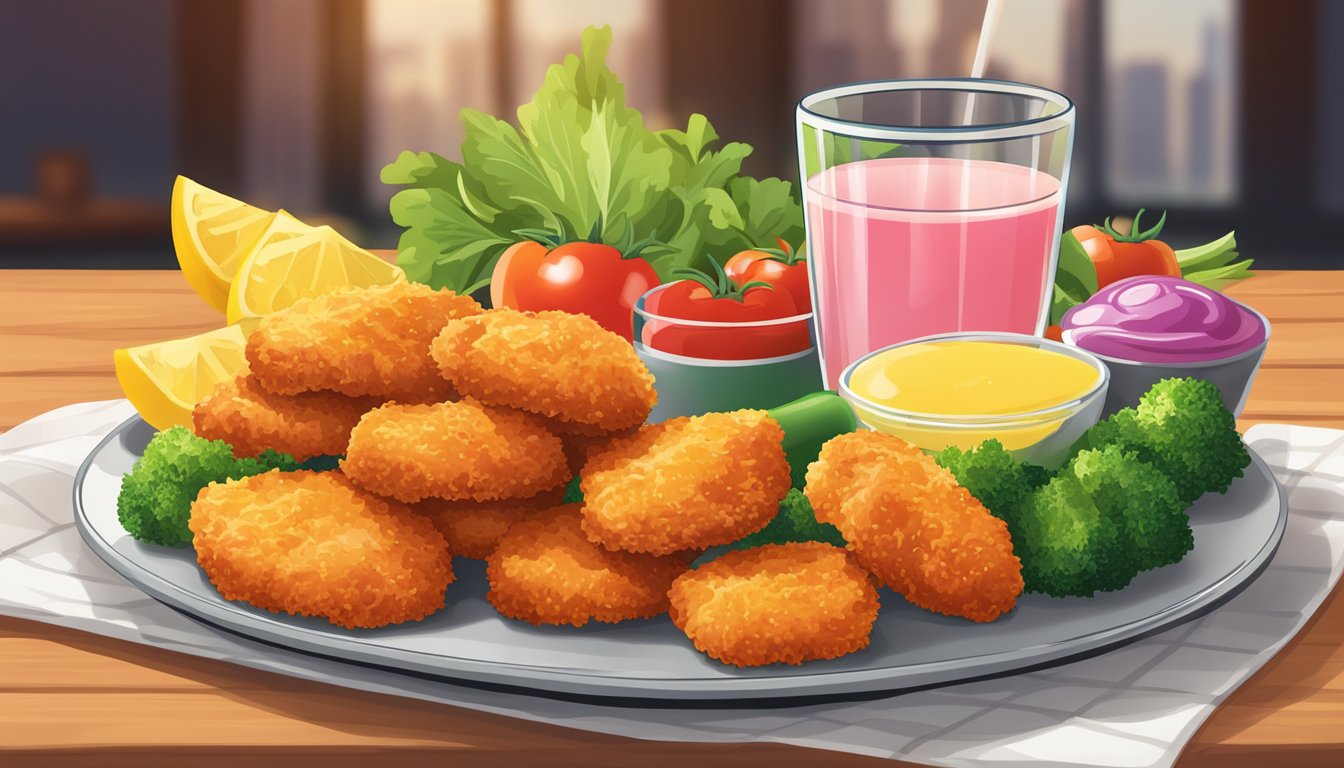 A plate of crispy chicken nuggets with dipping sauce, surrounded by colorful vegetables and a glass of lemonade