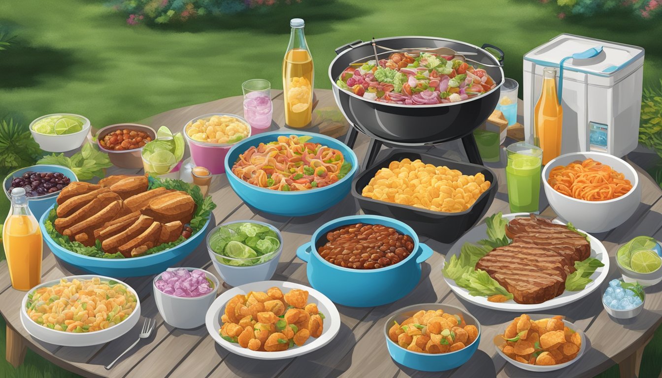 A backyard BBQ spread with Banquet Mega Bowls, surrounded by ice and coolers to preserve food safety