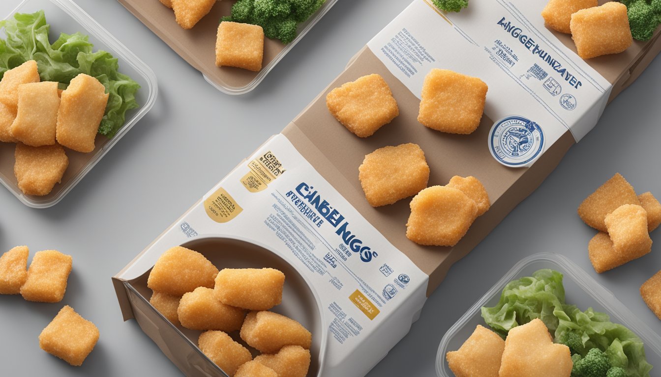 A package of Banquet chicken nuggets sits on a kitchen counter, surrounded by other frozen meals. The expiration date is clearly visible on the packaging