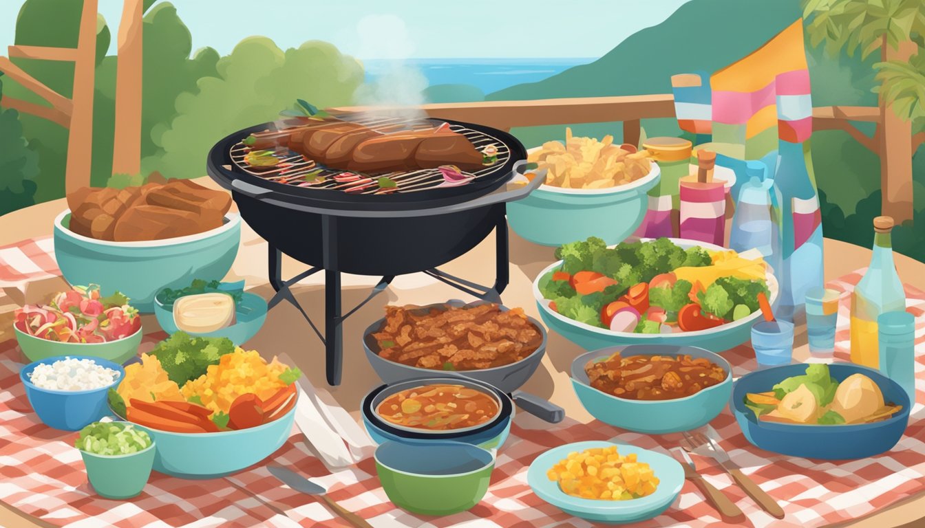 A table with a steaming Banquet Mega Bowl filled with backyard BBQ recipe, surrounded by outdoor picnic essentials