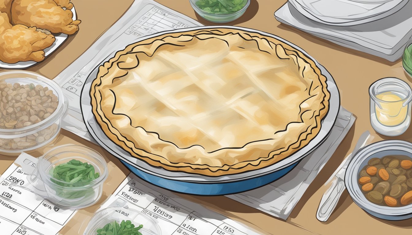 A banquet chicken pot pie sits on a kitchen counter, covered with a clear plastic wrap. The pie is surrounded by various food safety guidelines and a calendar with the current date circled