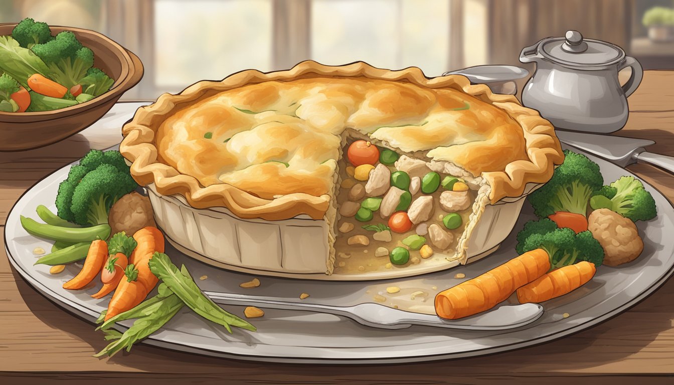 A steaming Banquet Chicken Pot Pie sits on a rustic, oven-safe plate, surrounded by golden-brown flaky crust and filled with chunks of tender chicken and mixed vegetables