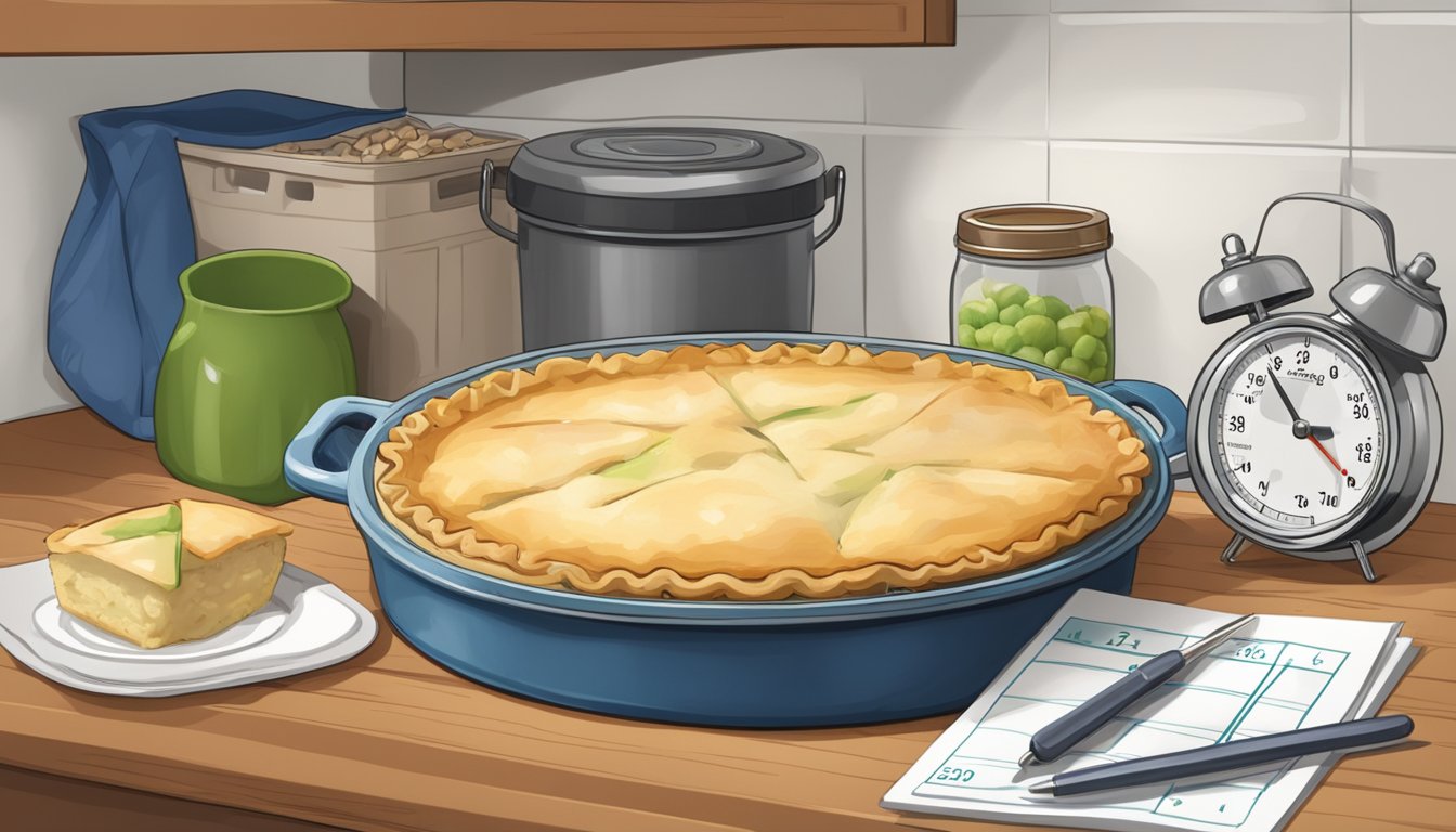 A banquet chicken pot pie sits on a shelf next to a calendar, thermometer, and food storage guidelines