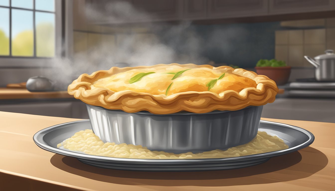 A freshly baked chicken pot pie sitting on a kitchen counter, covered with a golden, flaky crust and steam rising from the hot filling