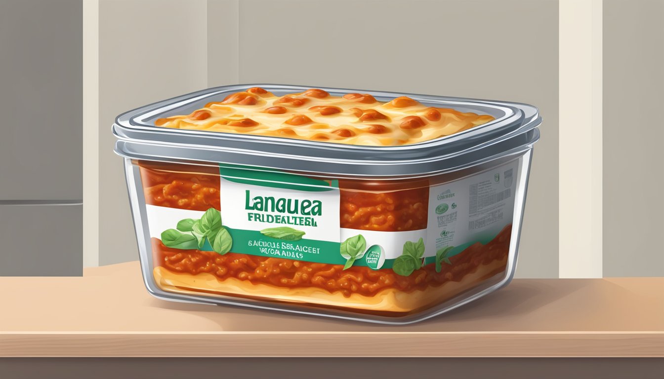 A sealed container of banquet lasagna with meat sauce stored in a refrigerator