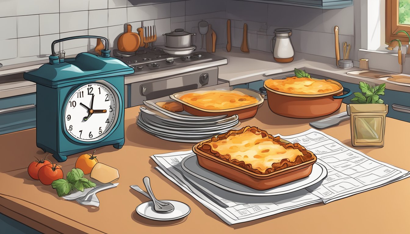 A banquet lasagna with meat sauce sits on a kitchen counter, surrounded by a calendar and a clock, with a question mark hovering above it