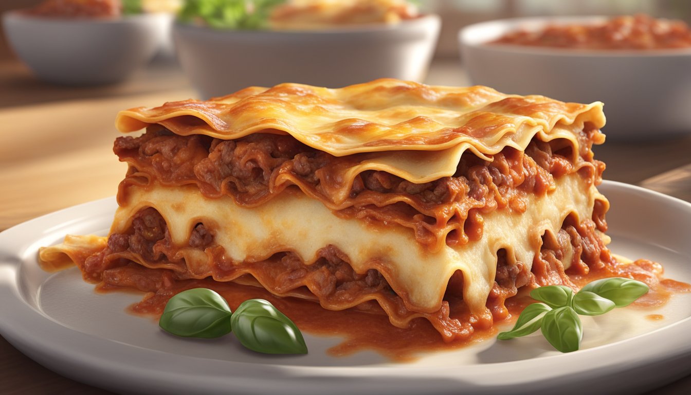 A banquet lasagna sits on a kitchen counter, covered in meat sauce. The lasagna is starting to show signs of spoilage with mold forming on the edges