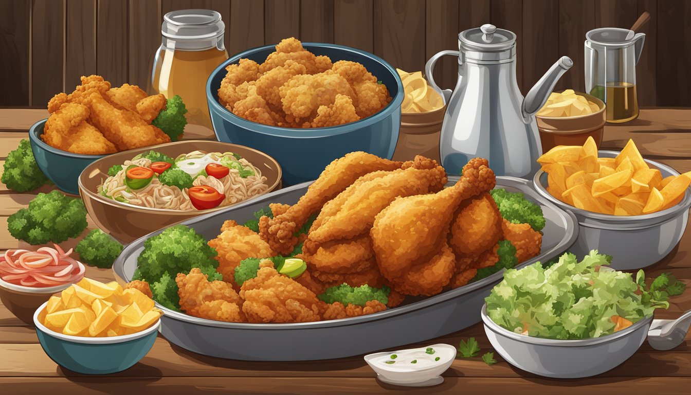 A steaming Banquet Mega Bowl of country fried chicken surrounded by fresh ingredients on a rustic wooden table