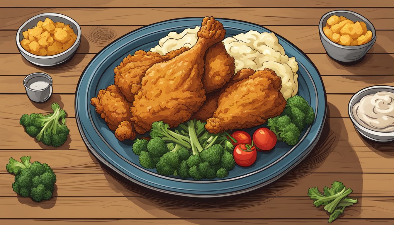 A steaming Banquet Mega Bowl of country fried chicken sits on a rustic wooden table, surrounded by fresh vegetables and a side of creamy mashed potatoes