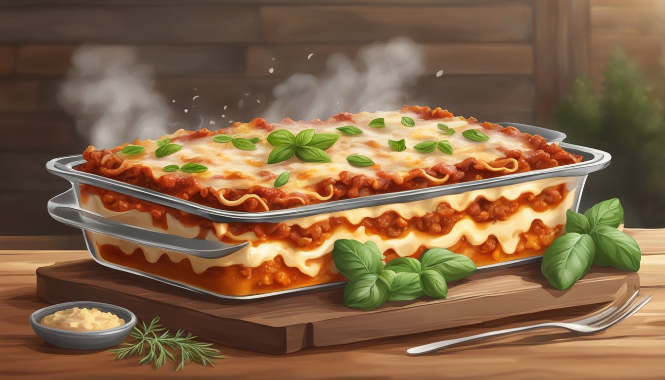 A steaming tray of banquet lasagna with meat sauce sits on a rustic wooden table, surrounded by scattered herbs and spices