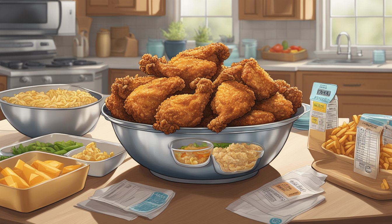 A banquet mega bowl of country fried chicken sits on a clean, well-lit kitchen counter, surrounded by various food safety and expiration date labels