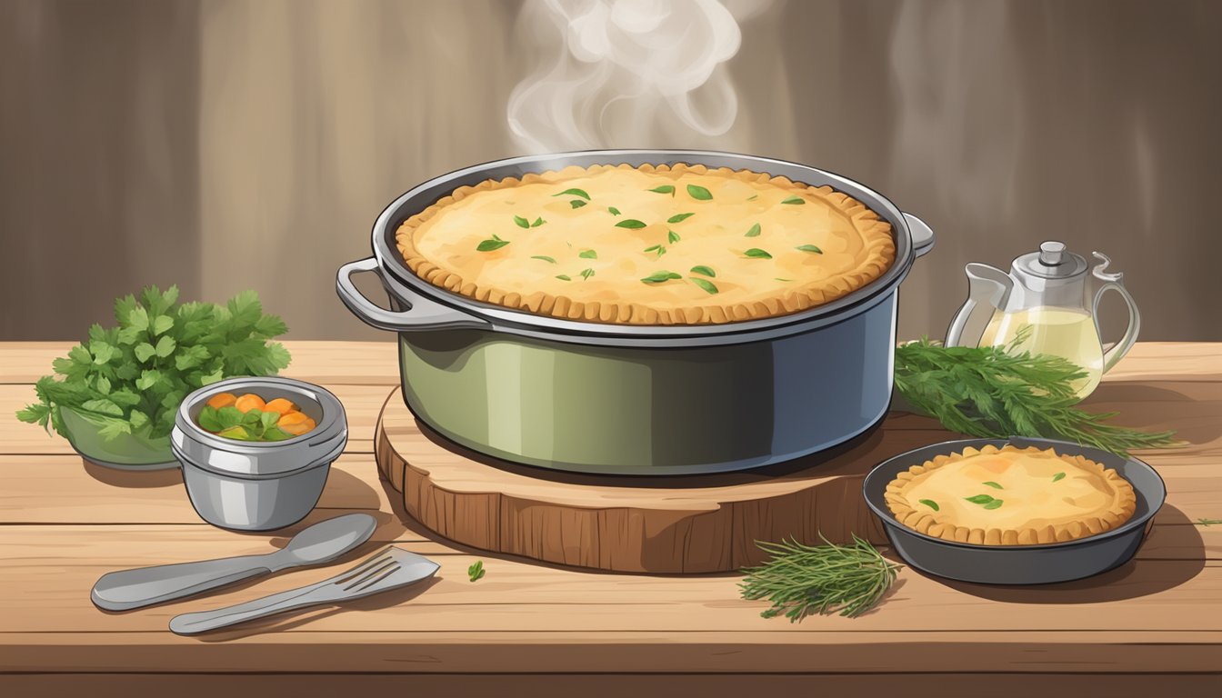 A steaming chicken pot pie on a rustic table, surrounded by fresh herbs and a timer set for the recommended cooking time