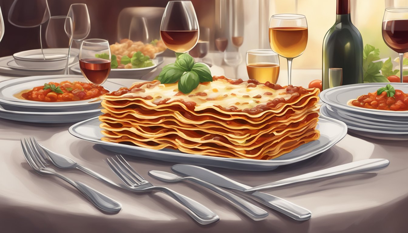 A steaming tray of lasagna with meat sauce sits on a banquet table, surrounded by elegant place settings and wine glasses