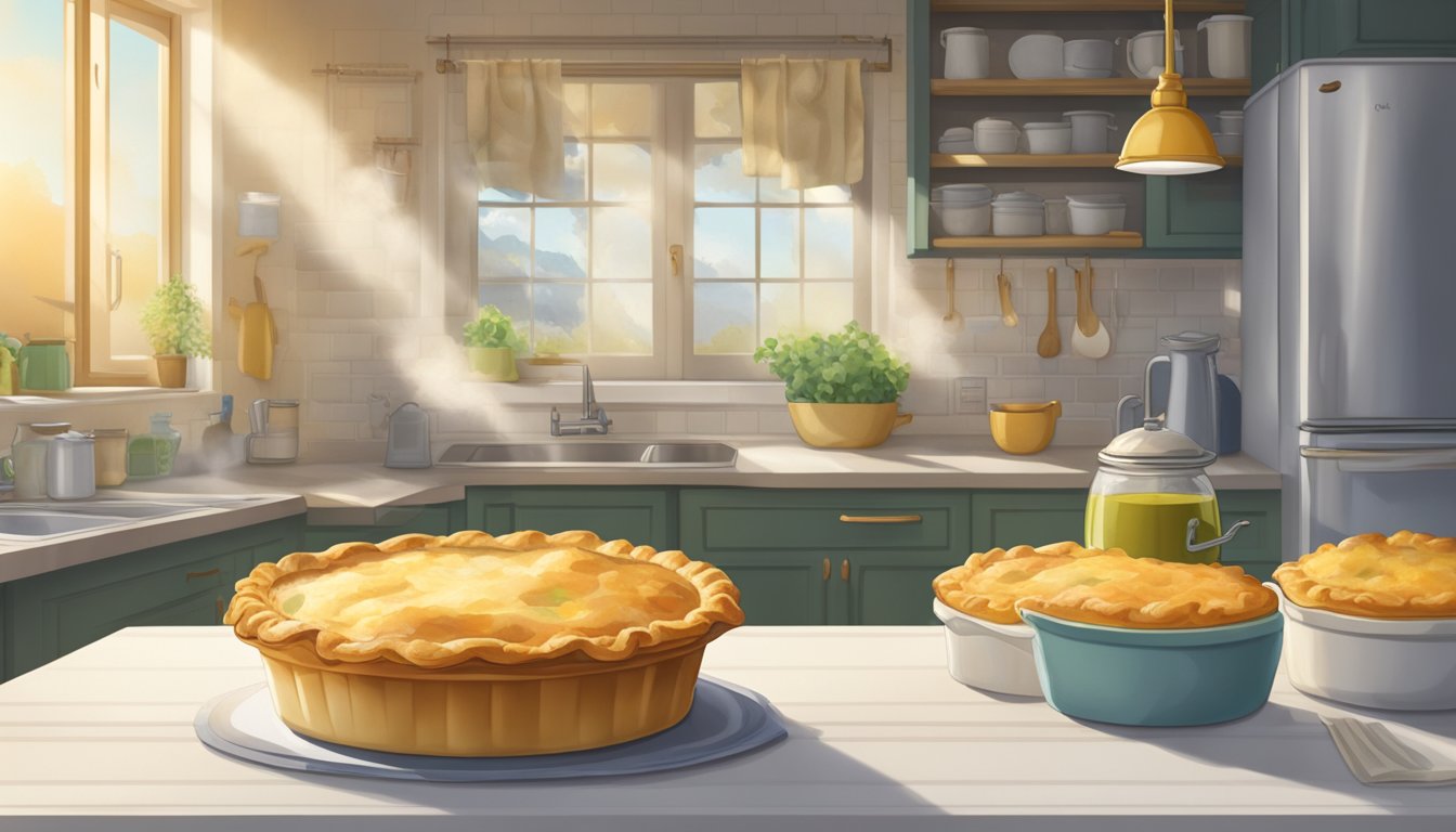 A freshly baked chicken pot pie sits on a kitchen counter, steam rising from the golden crust. A calendar on the wall shows the current date