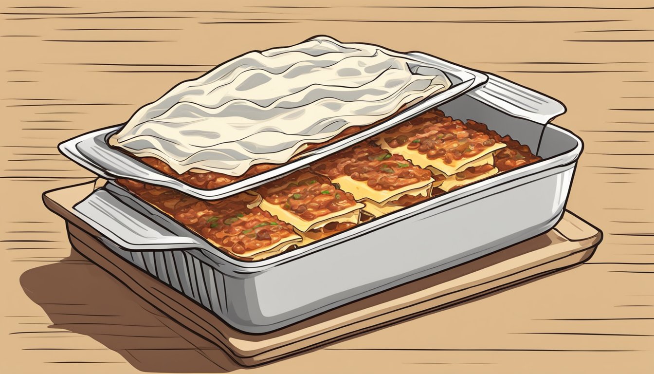 Layers of lasagna sheets, meat sauce, and cheese stacked in a deep baking dish, ready for assembly