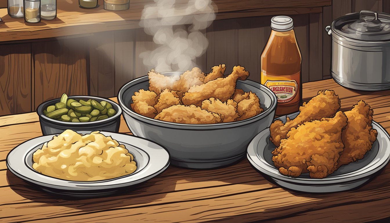 A steaming bowl of country fried chicken with mashed potatoes and gravy sits on a rustic wooden table, surrounded by jars of pickles and hot sauce