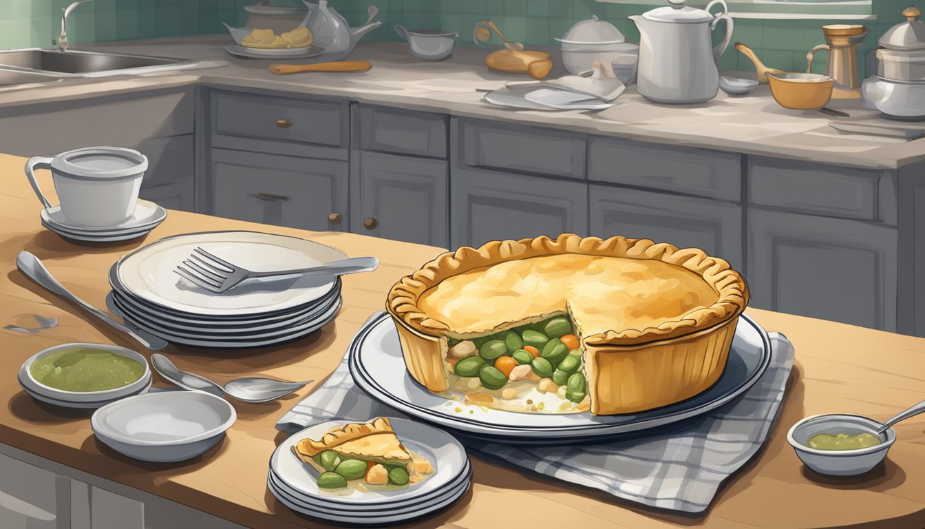 A banquet chicken pot pie sits on a kitchen counter, surrounded by a few empty plates and utensils. The pie's golden crust is slightly cracked, revealing the steam rising from the savory filling