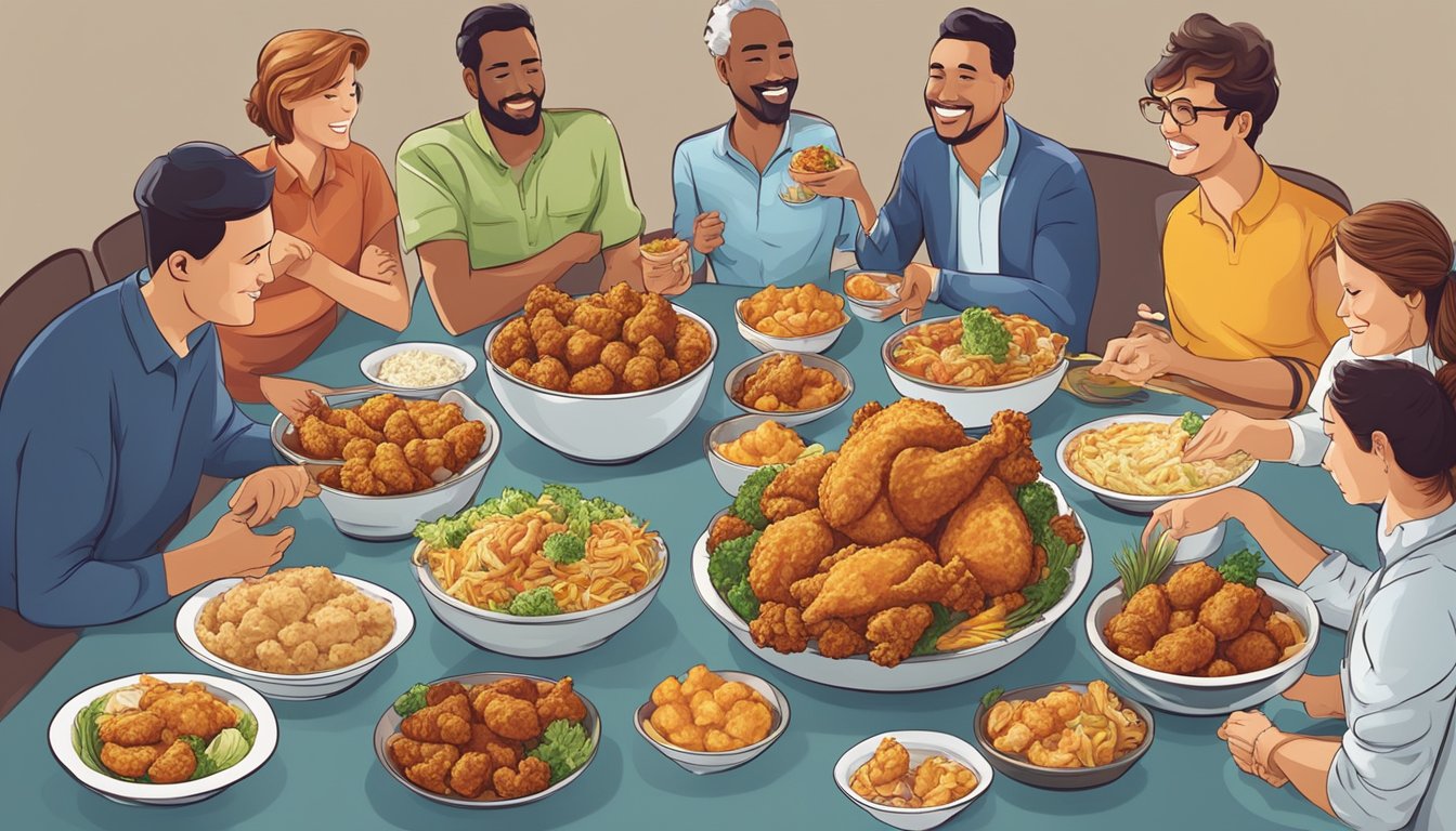 A table with a variety of Banquet Mega Bowls, including Country Fried Chicken, surrounded by people engaged in lively discussions and sharing their insights