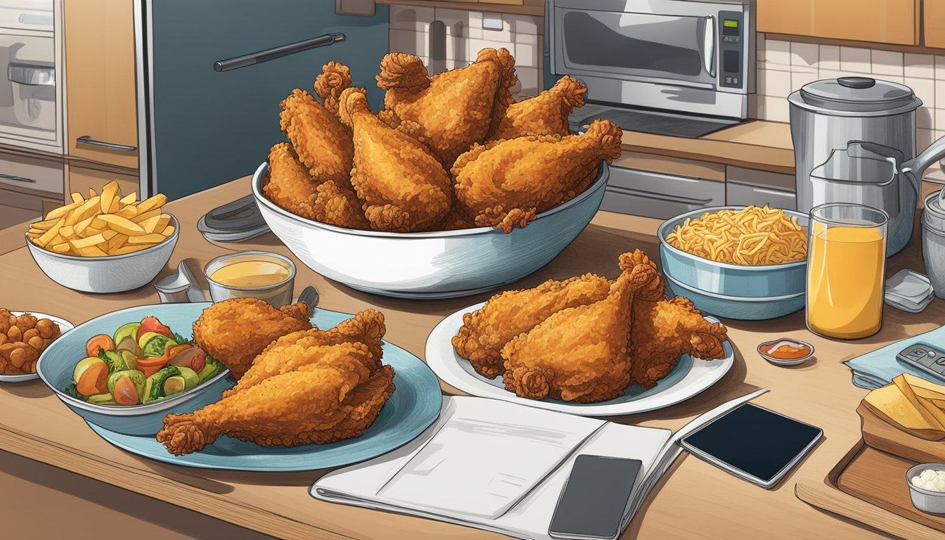 A steaming Banquet Mega Bowl of country fried chicken sits on a kitchen counter, surrounded by various food packaging and a laptop displaying an online account management interface for food brands